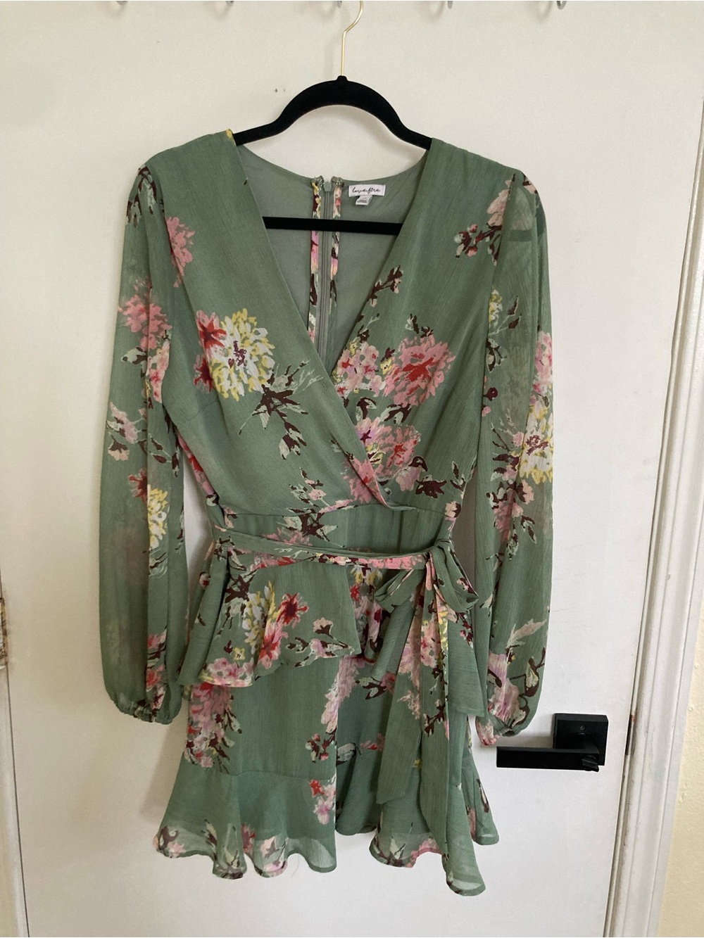 love, Fire Sage Green Floral Wrap Long Sleeve Dress